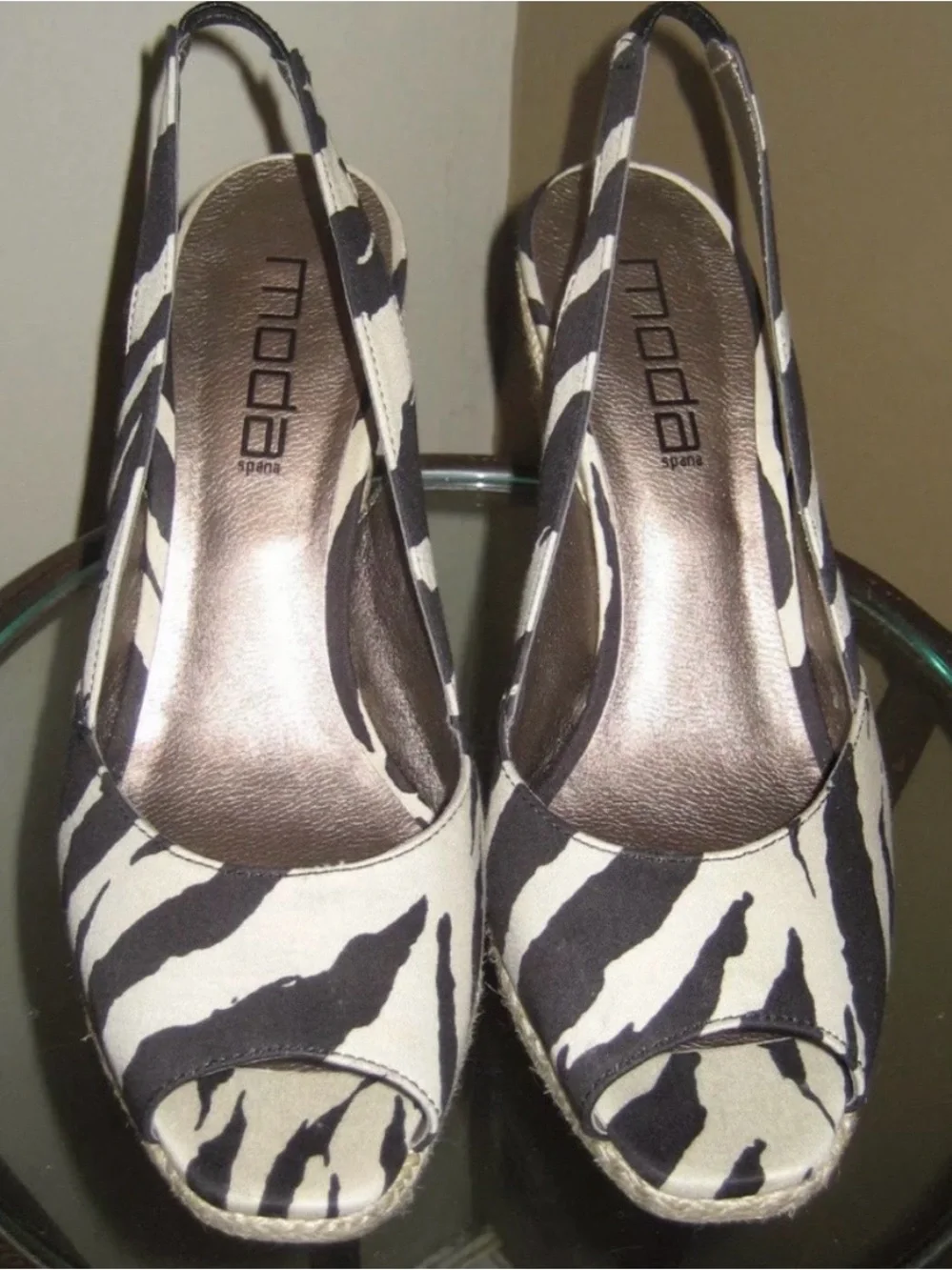 Moda Spana Zebra Print Black & Cream Slingback Wedges